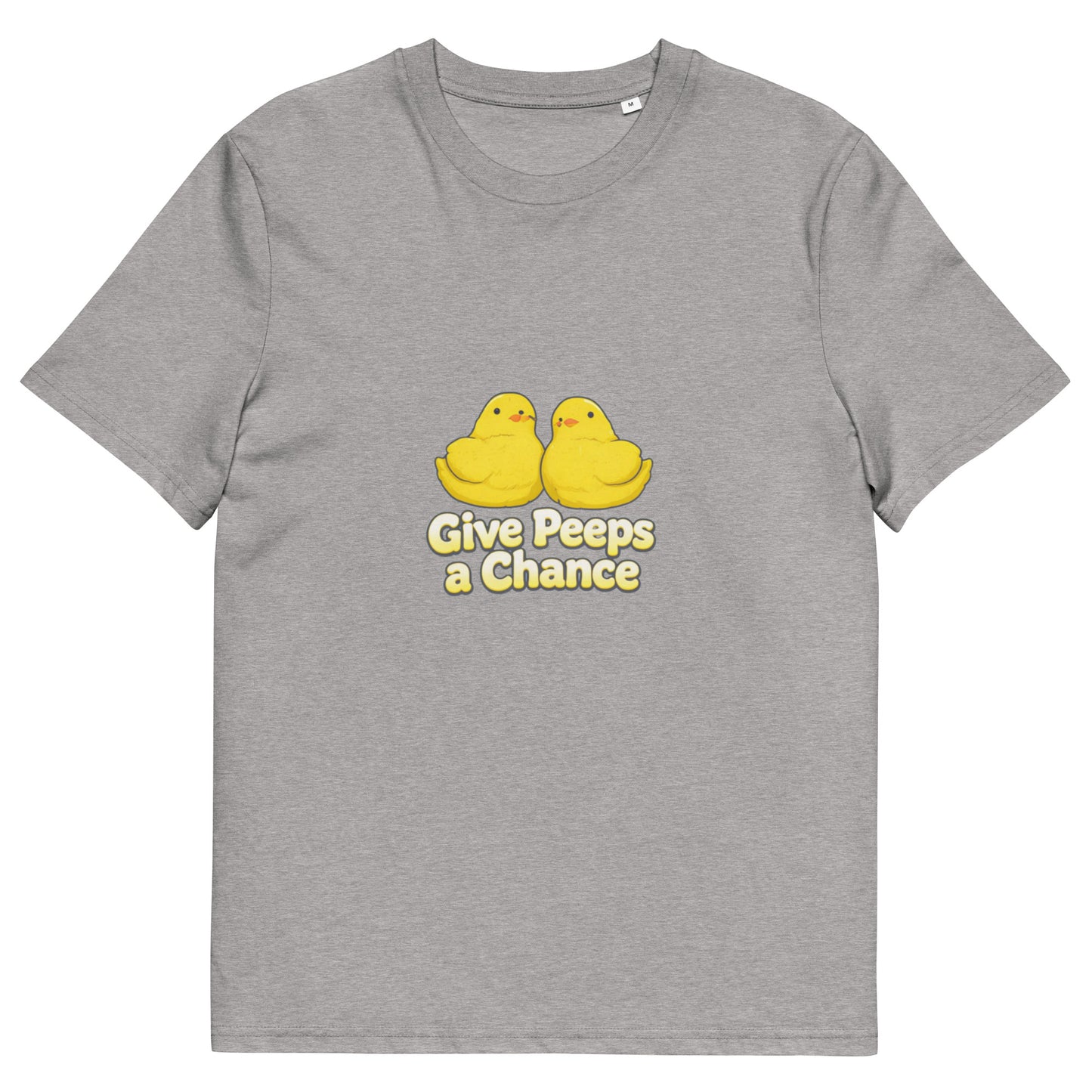 Unisex organic cotton T-shirt in heather grey with front graphic design, from wayward.biz's Give Peeps a Chance collection.