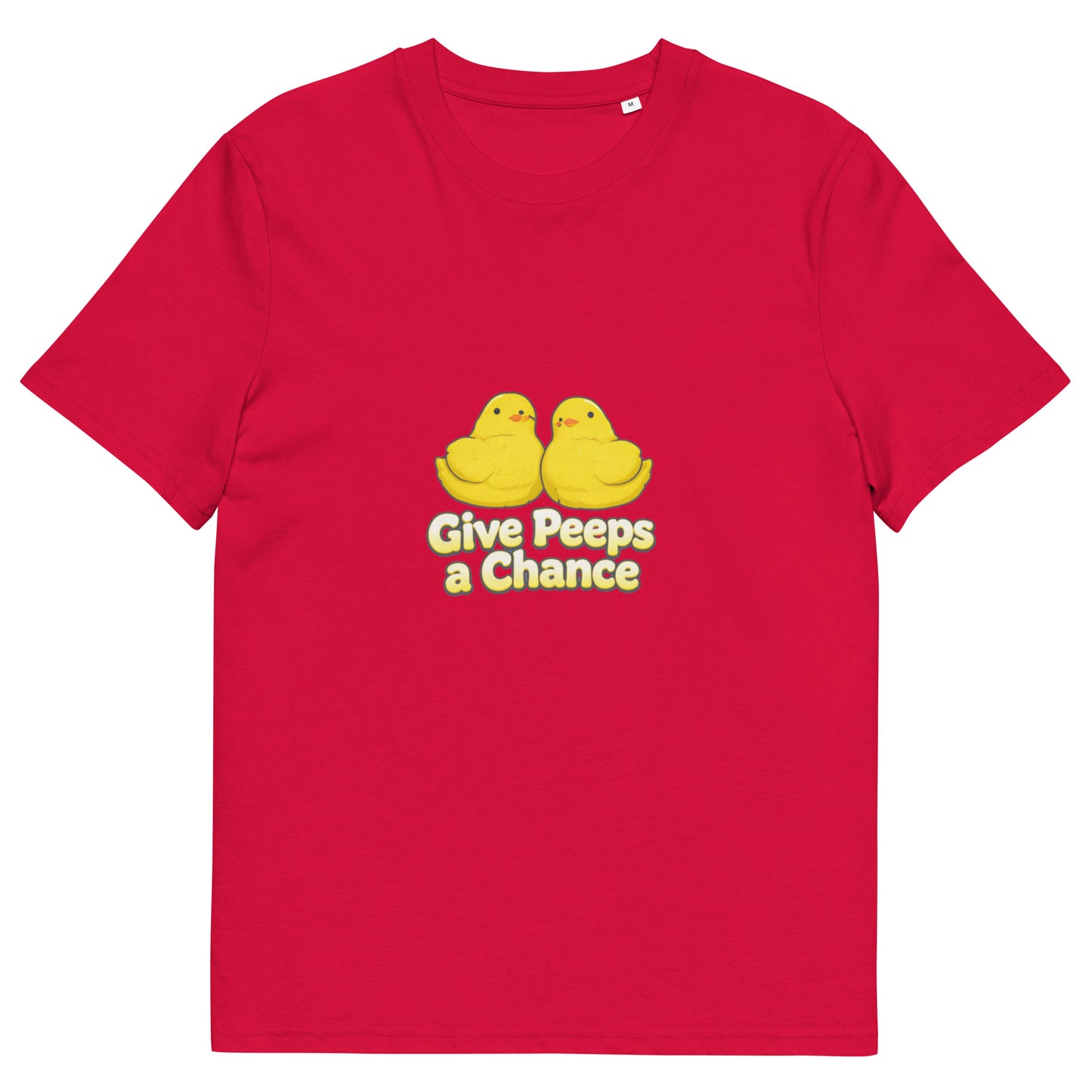 Red unisex organic cotton T-shirt featuring a graphic design, from the Give Peeps a Chance collection by wayward.biz.