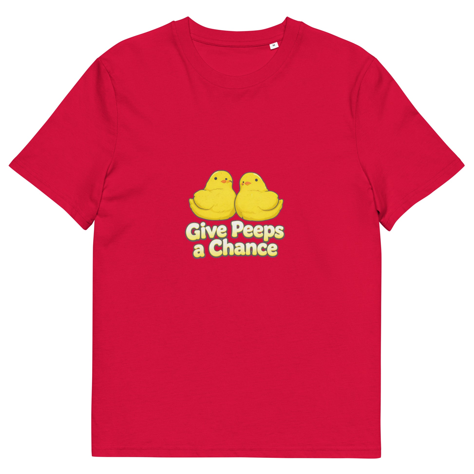 Red unisex organic cotton T-shirt featuring a graphic design, from the Give Peeps a Chance collection by wayward.biz.