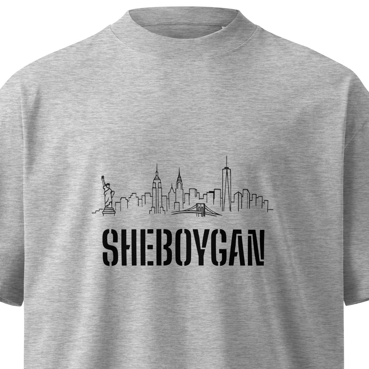 Unisex organic grey oversized high-neck T-shirt featuring Sheboygan City Skyline design from wayward.biz.