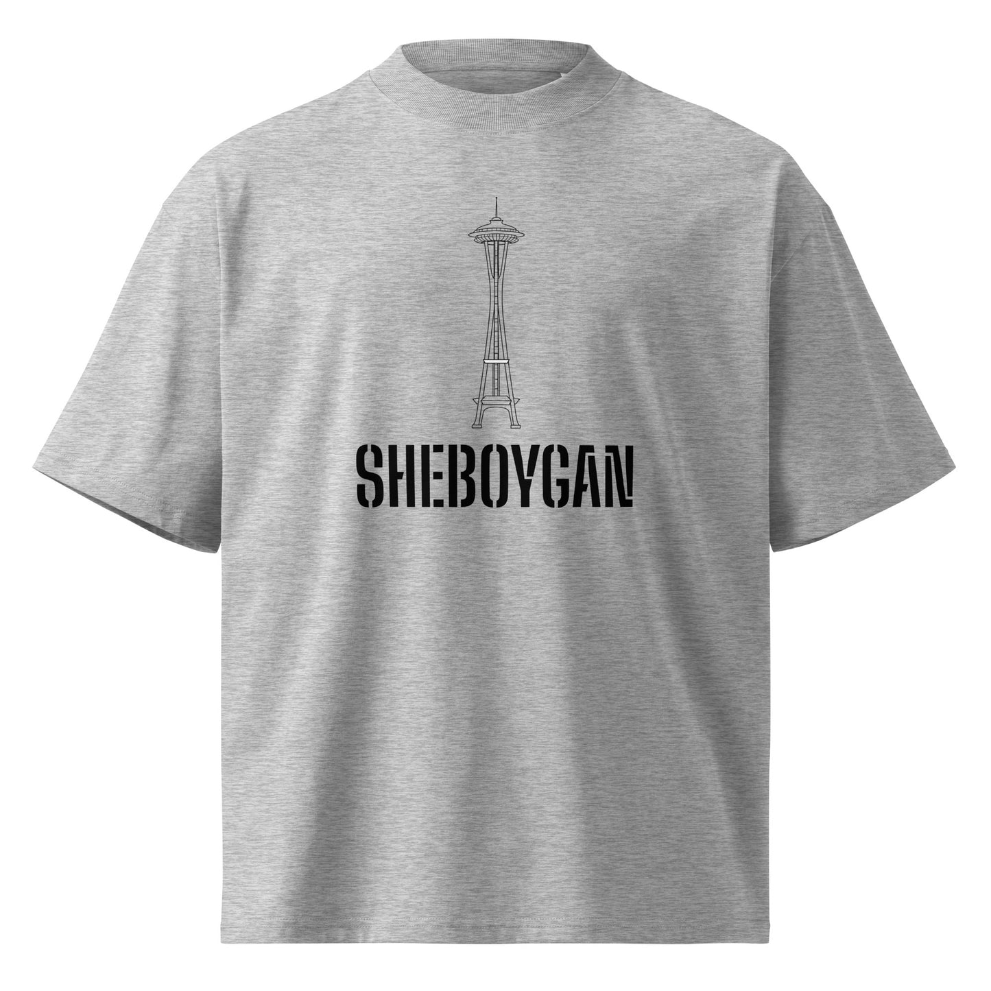 Unisex organic oversized Heather Grey T-shirt with high neck and Sheboygan Space Needle graphic from wayward.biz.