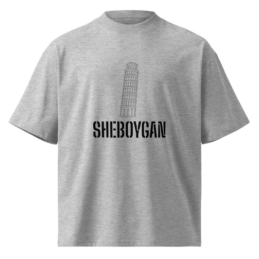 Unisex organic heather grey oversized high-neck T-shirt with Leaning Tower of Sheboygan logo from wayward.biz, front view.