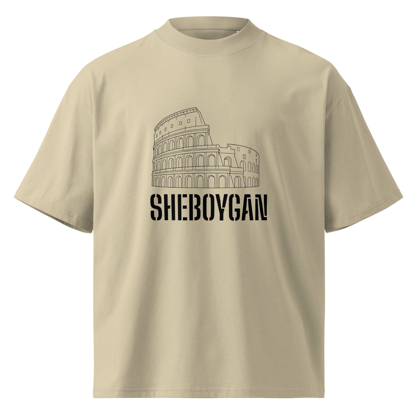 Unisex organic oversized high neck t-shirt by wayward.biz, stone color with front graphic design and relaxed fit.