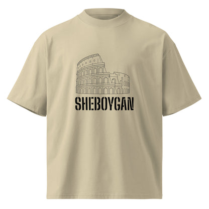 Unisex organic oversized high neck t-shirt by wayward.biz, stone color with front graphic design and relaxed fit.