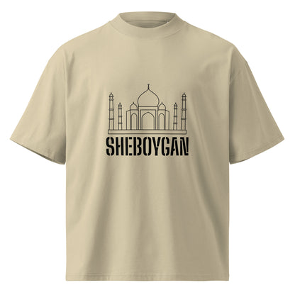 Unisex organic oversized high-neck T-shirt by wayward.biz in stone color, featuring a relaxed fit and high neckline.