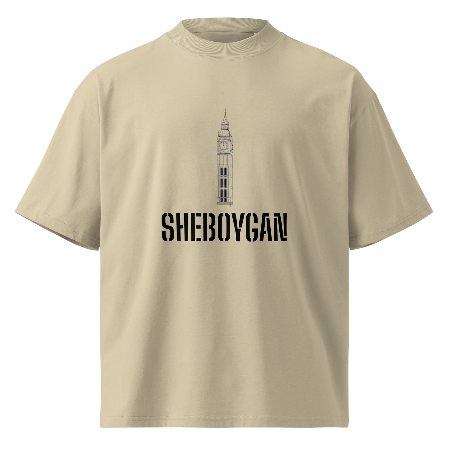 Unisex organic oversized high neck T-shirt in stone color with Wayward.biz branding, front view showing relaxed fit and high neckline.