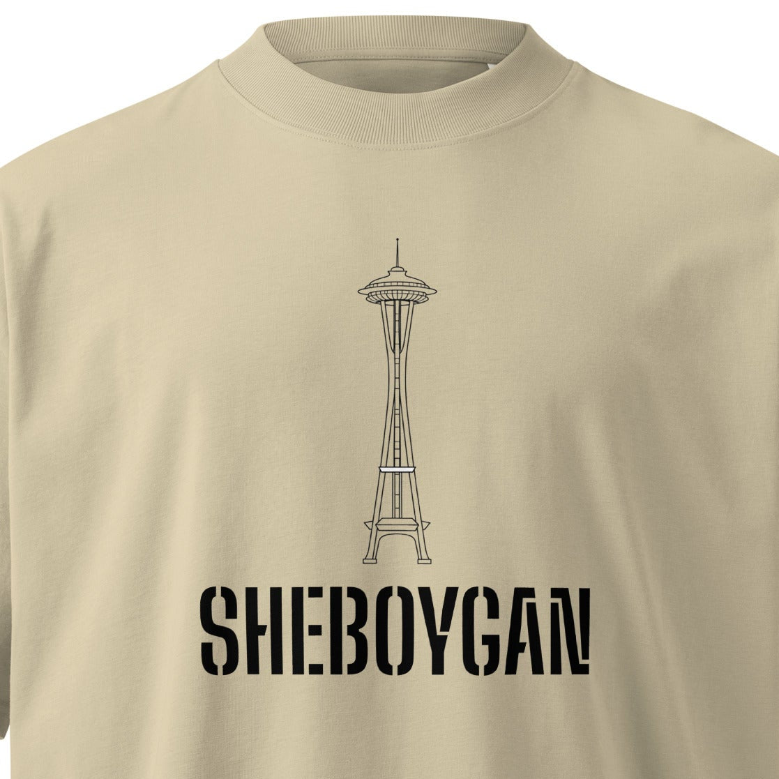 Unisex organic oversized high neck T-shirt featuring Sheboygan Space Needle graphic in stone color, by wayward.biz.