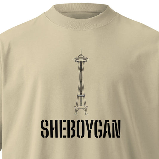 Unisex organic oversized high neck T-shirt featuring Sheboygan Space Needle graphic in stone color, by wayward.biz.