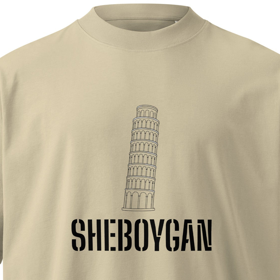 Unisex organic oversized high neck T-shirt from wayward.biz with a stone color front design.