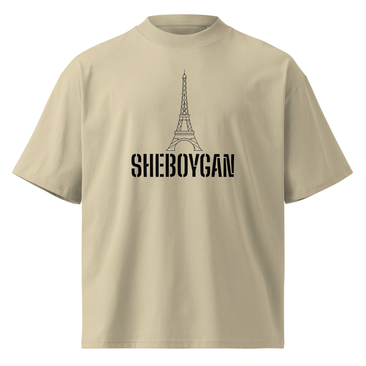 Unisex organic oversized high neck T-shirt from wayward.biz in stone color, front view showing relaxed fit and high neckline.