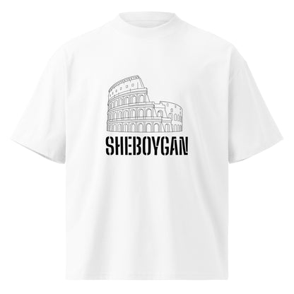 White unisex organic oversized high neck T-shirt by wayward.biz with a front view showcasing the high neckline and relaxed fit.