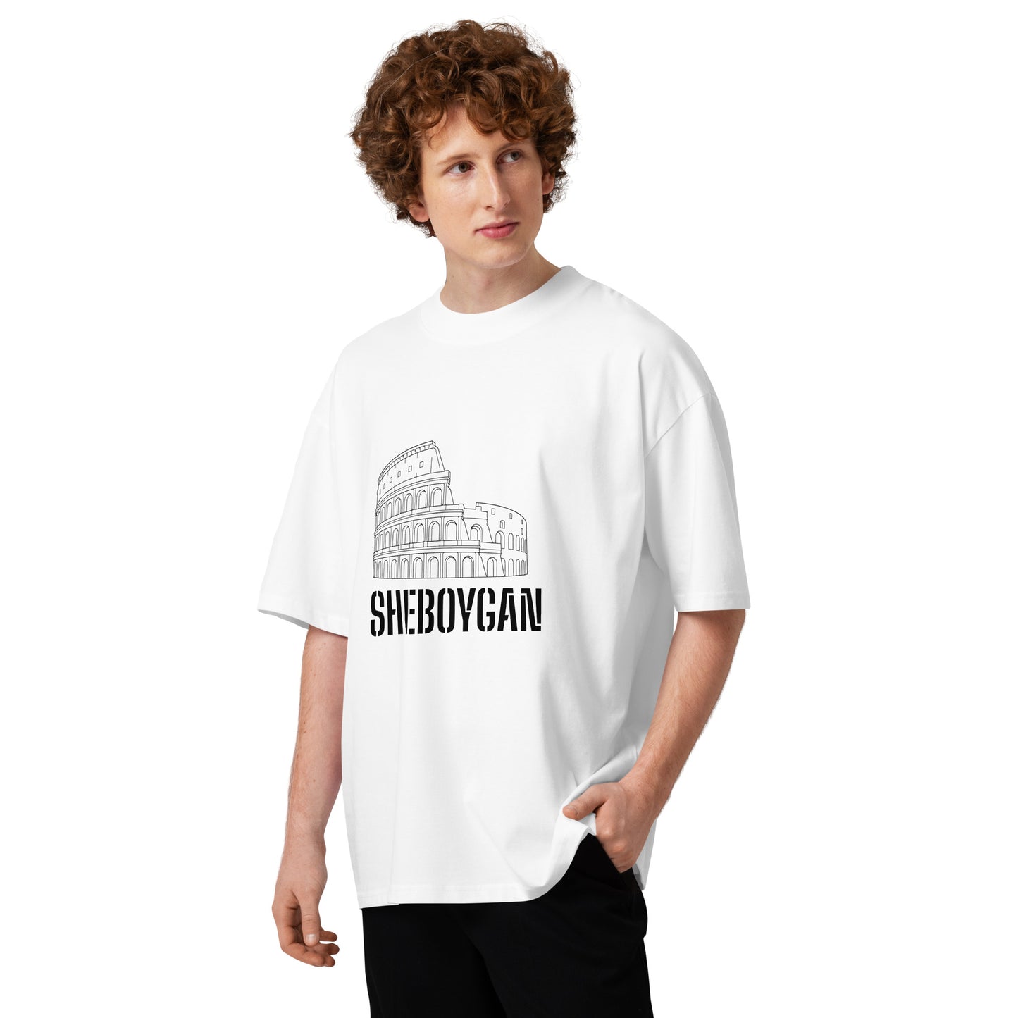 White unisex organic oversized high neck T-shirt from wayward.biz, featuring a relaxed fit and modern high neckline.