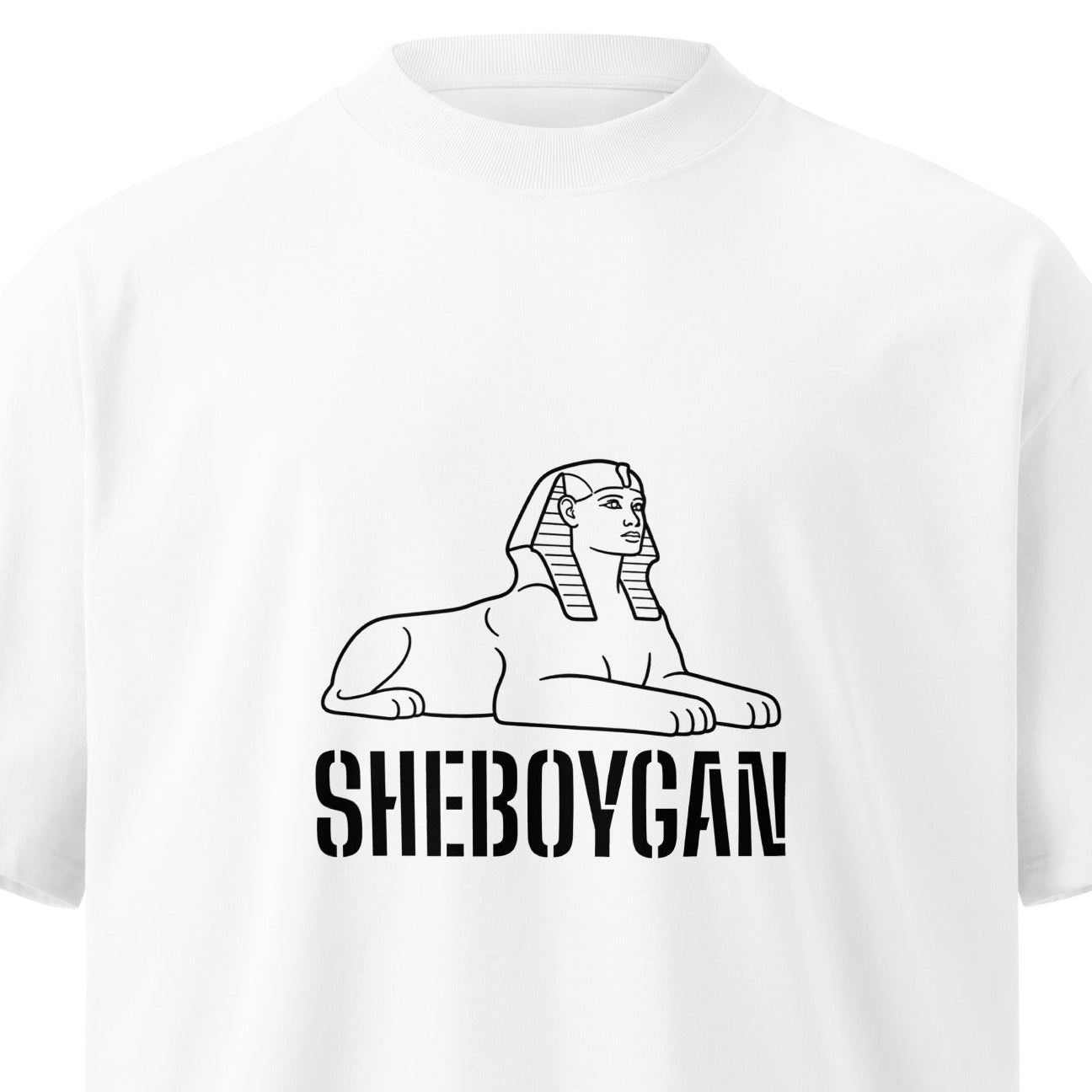 White Sheboygan Sphinx unisex organic oversized high neck T-shirt by wayward.biz, front view showing relaxed fit and high neckline.