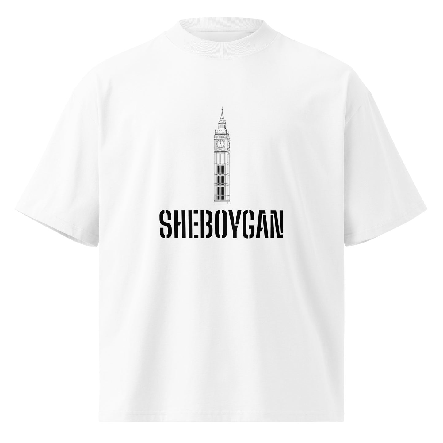 White unisex organic oversized high neck T-shirt by wayward.biz, front view showing relaxed fit and high neckline.