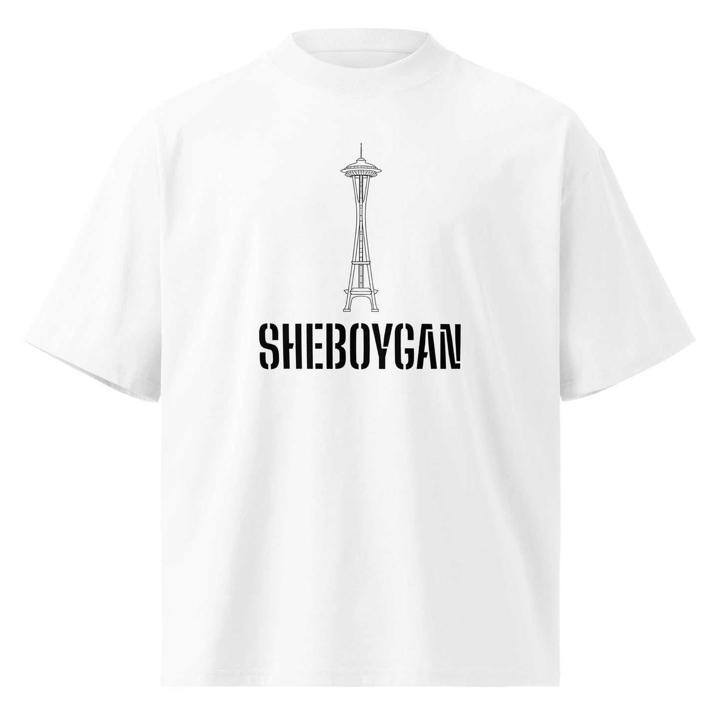 White Sheboygan Space Needle unisex organic oversized high neck T-shirt from wayward.biz, front view showing the design.