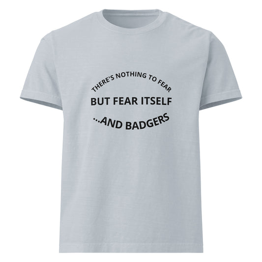 Unisex oversized T-shirt by wayward.biz with a light washed denim look and a printed quote, "There's nothing to fear but fear itself."