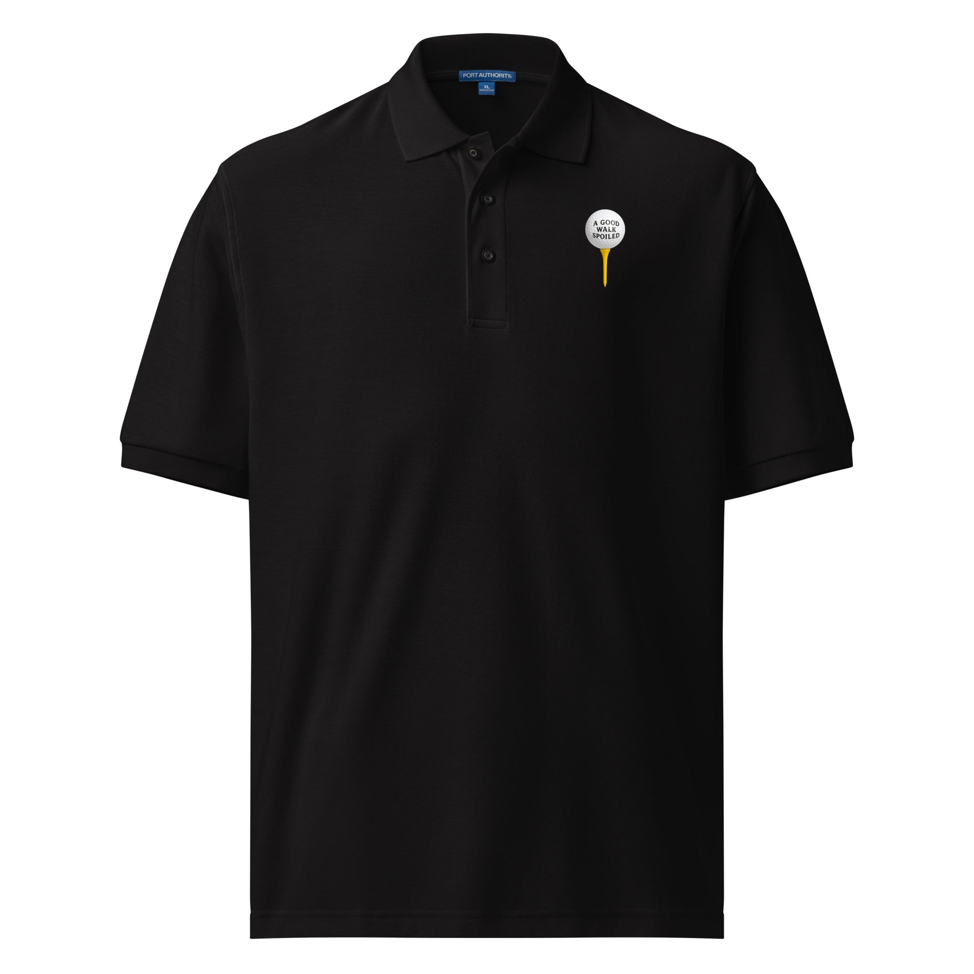 Unisex black premium polo shirt for golf by wayward.biz, featuring a classic collar and short sleeves.