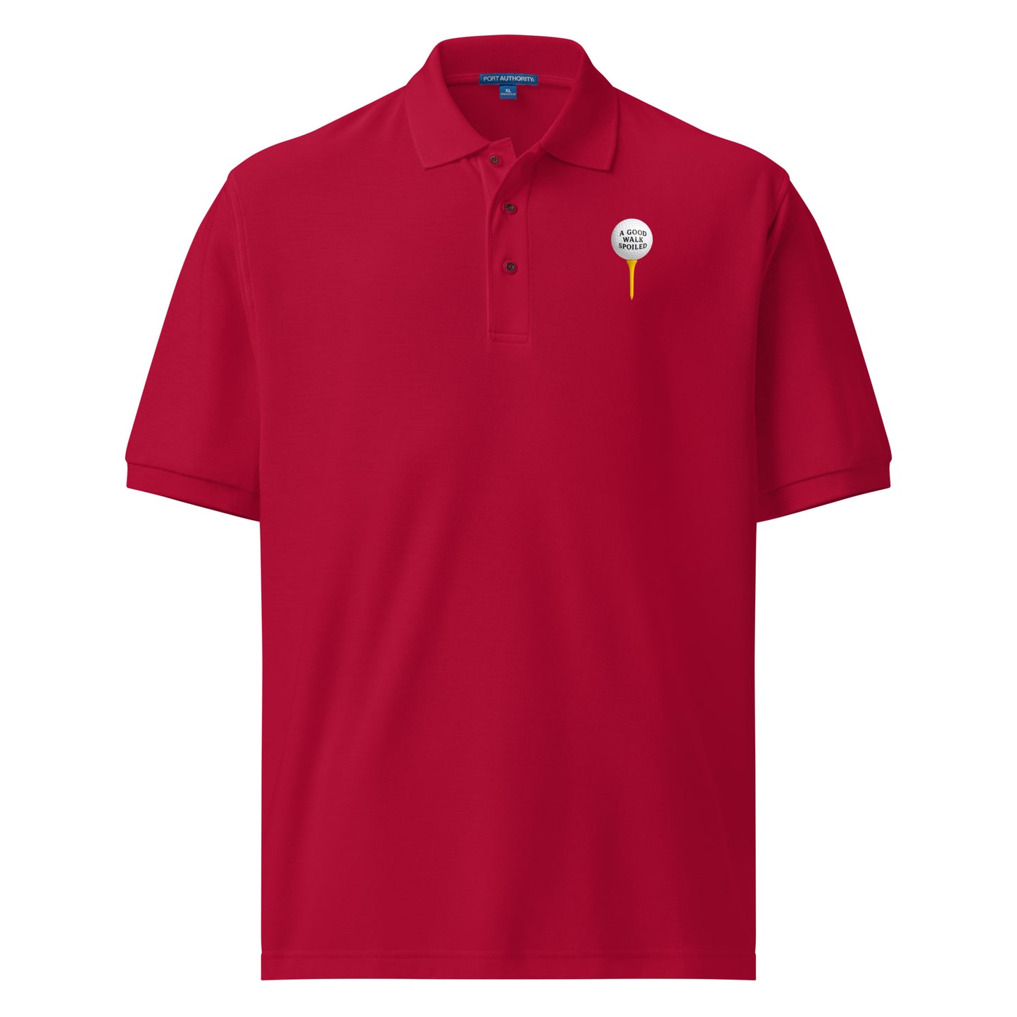 Red men's premium golf polo shirt by wayward.biz, unisex design, front view showing classic collar and polo style.