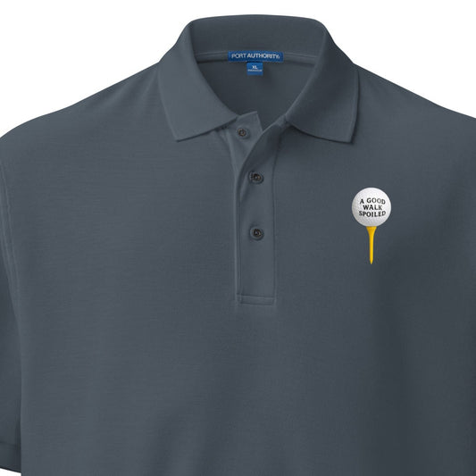 Unisex steel grey men's premium polo shirt from A Good Walk Spoiled by wayward.biz, front view showing classic collar and button placket.