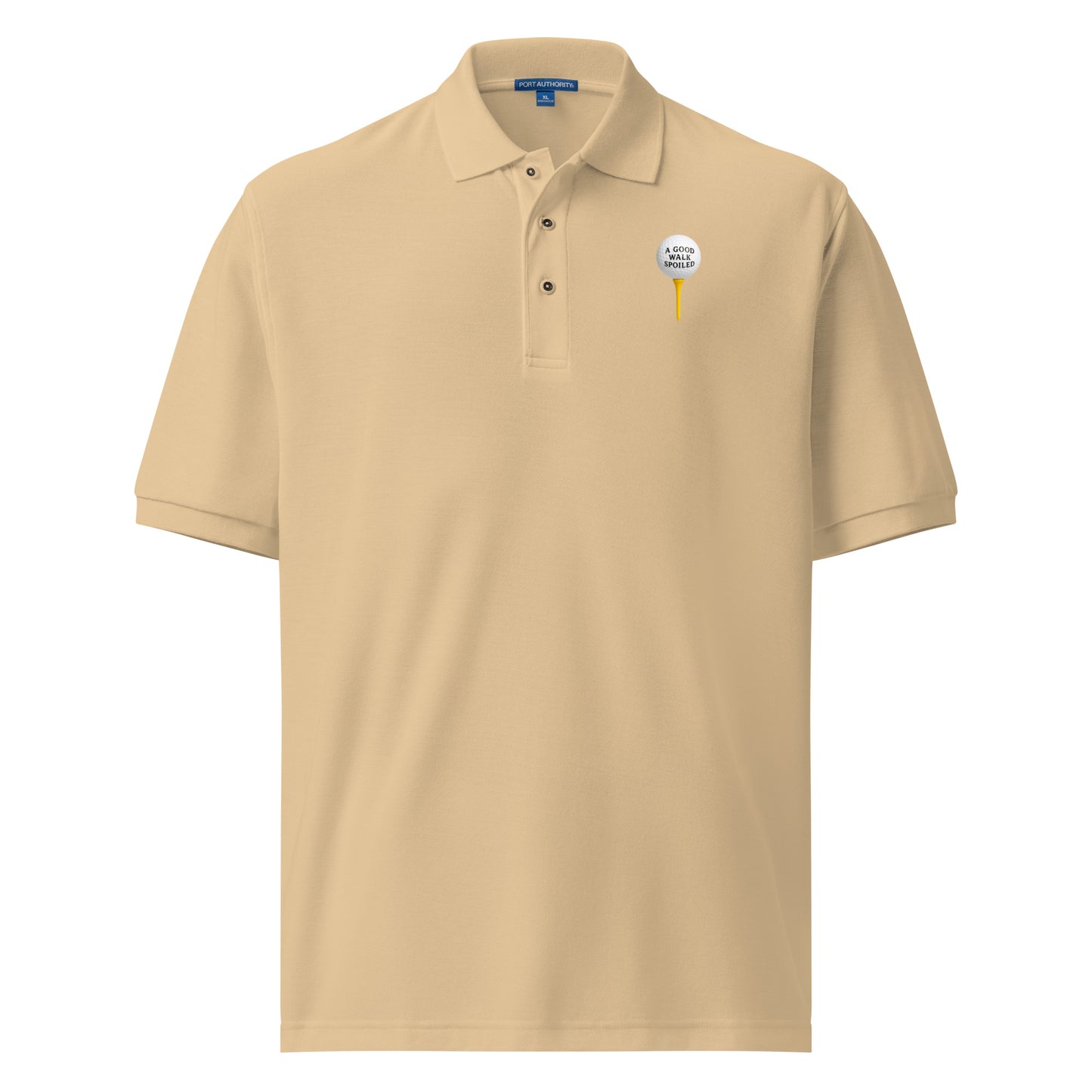 Unisex men's premium golf polo shirt in stone color, featuring a classic fit and subtle branding from wayward.biz.