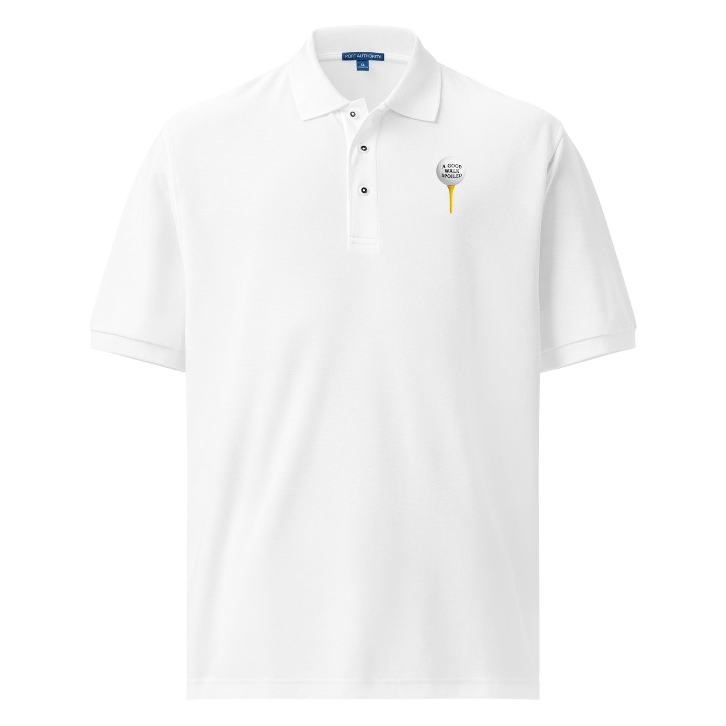 White men's premium polo shirt from Wayward.biz, featuring classic golf-inspired design and comfortable fit.