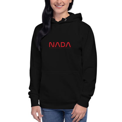 Black NADA unisex hoodie, premium pullover style from wayward.biz, shown with front view and soft fabric texture.