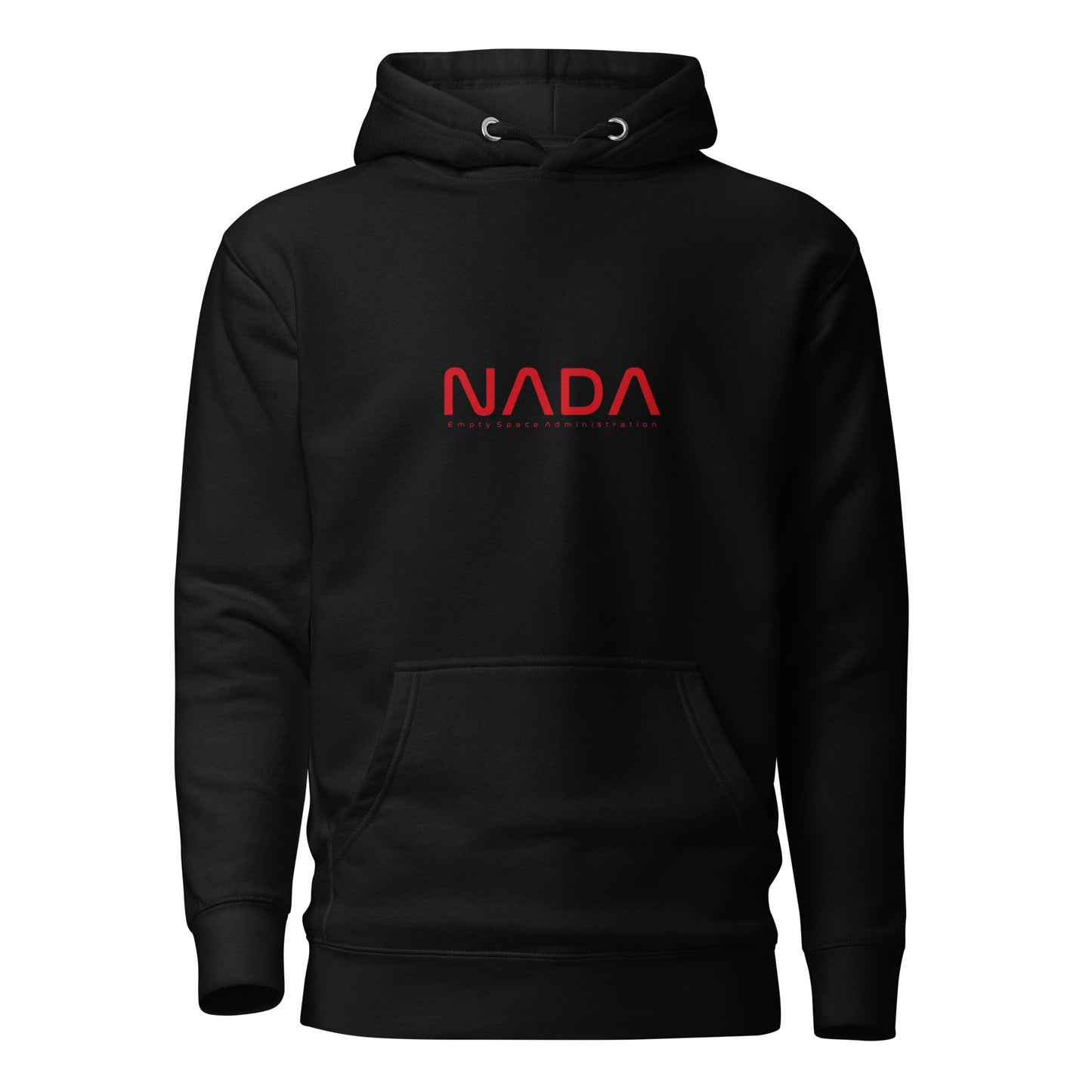 Black NADA unisex hoodie from wayward.biz featuring a front view of the premium pullover design.