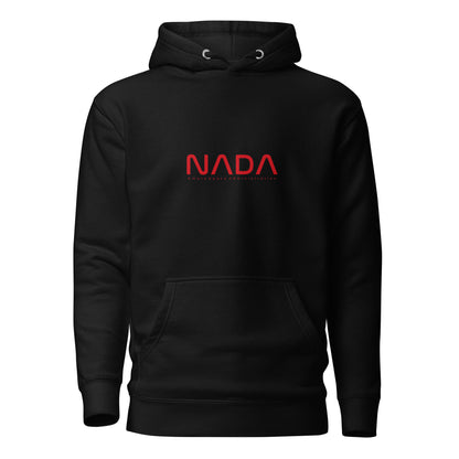 Black NADA unisex hoodie from wayward.biz featuring a front view of the premium pullover design.