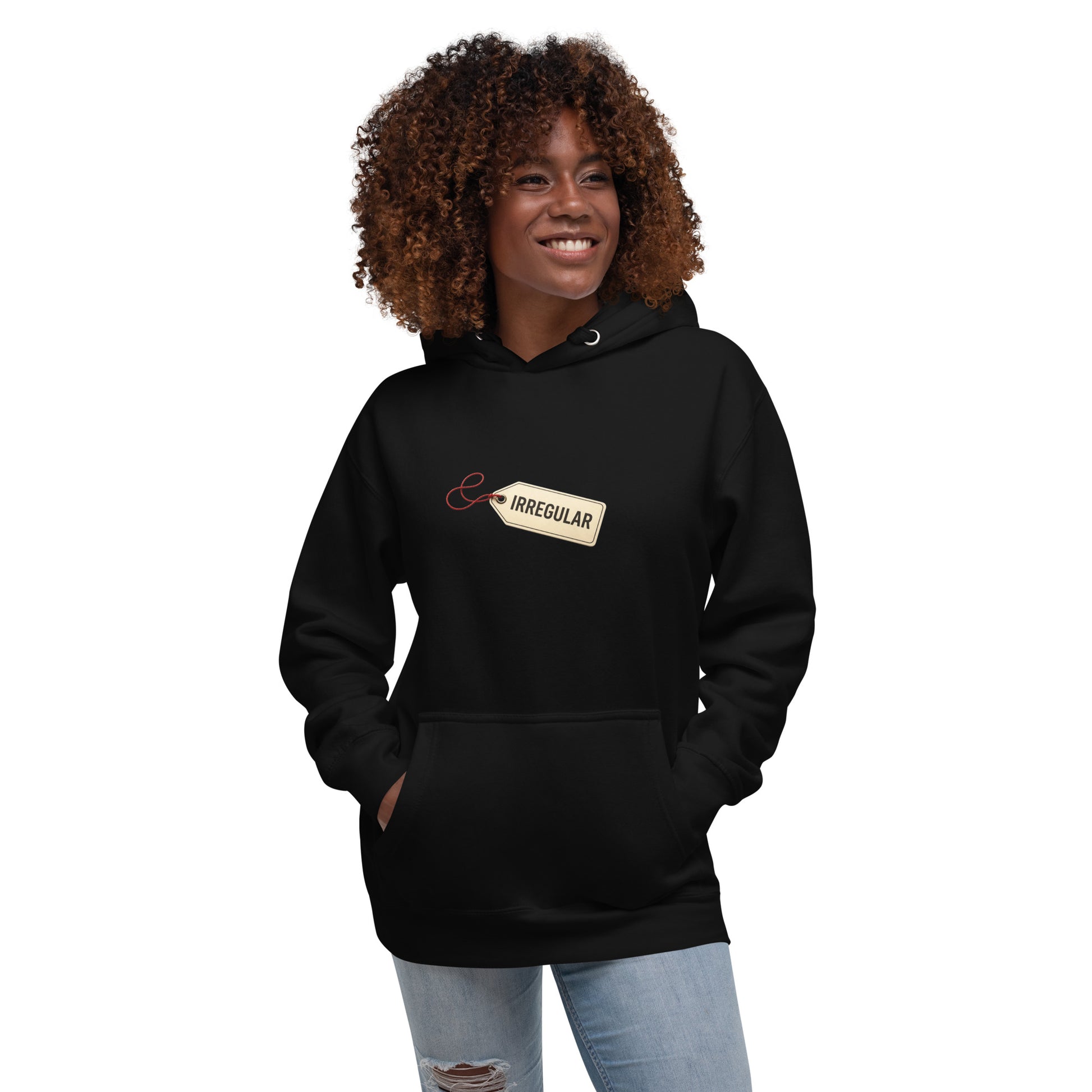 Black unisex hoodie with irregular design, premium pullover style from wayward.biz, front view showing casual and comfortable fit.
