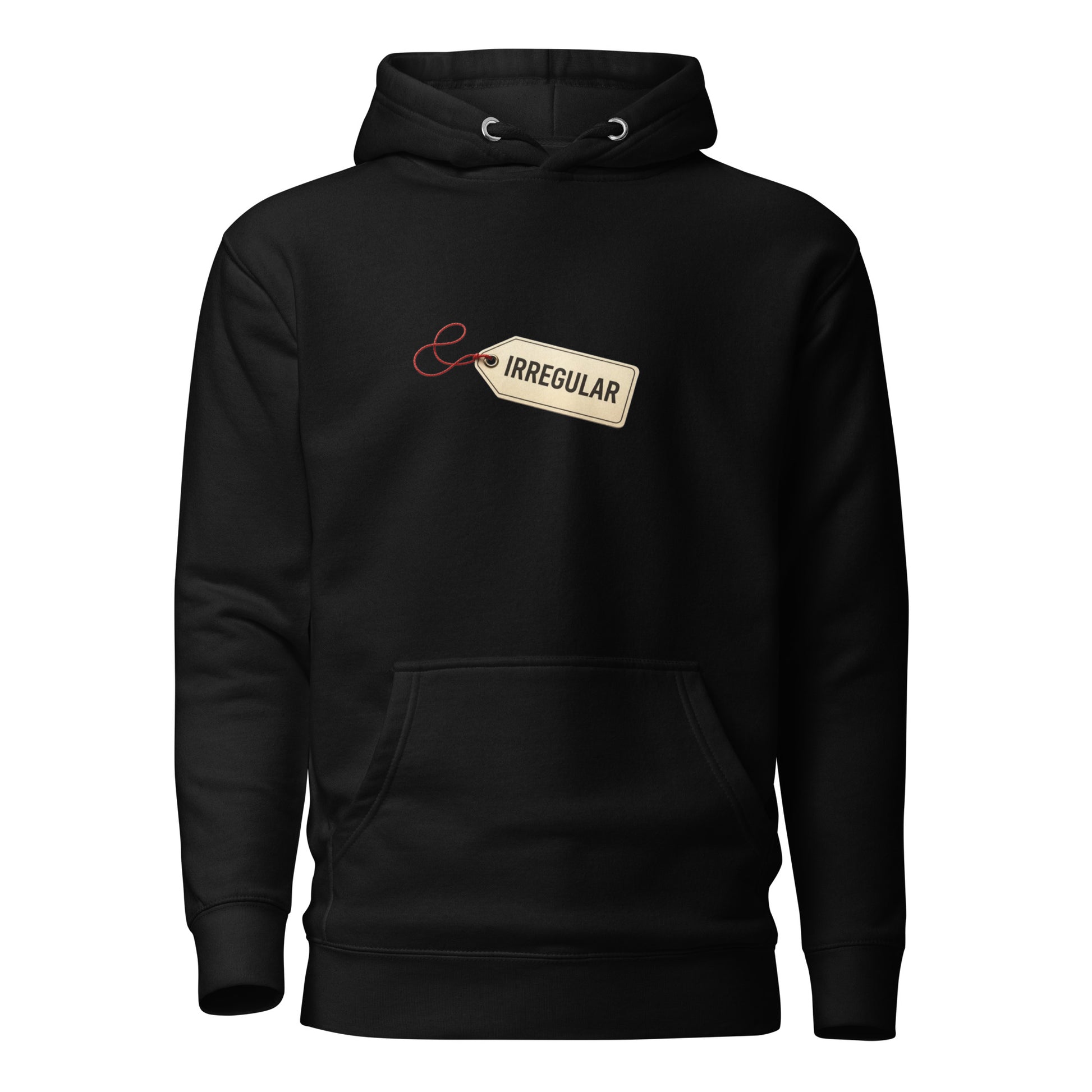 Black unisex premium hoodie with irregular design, featuring a pullover style and casual fit, by wayward.biz.