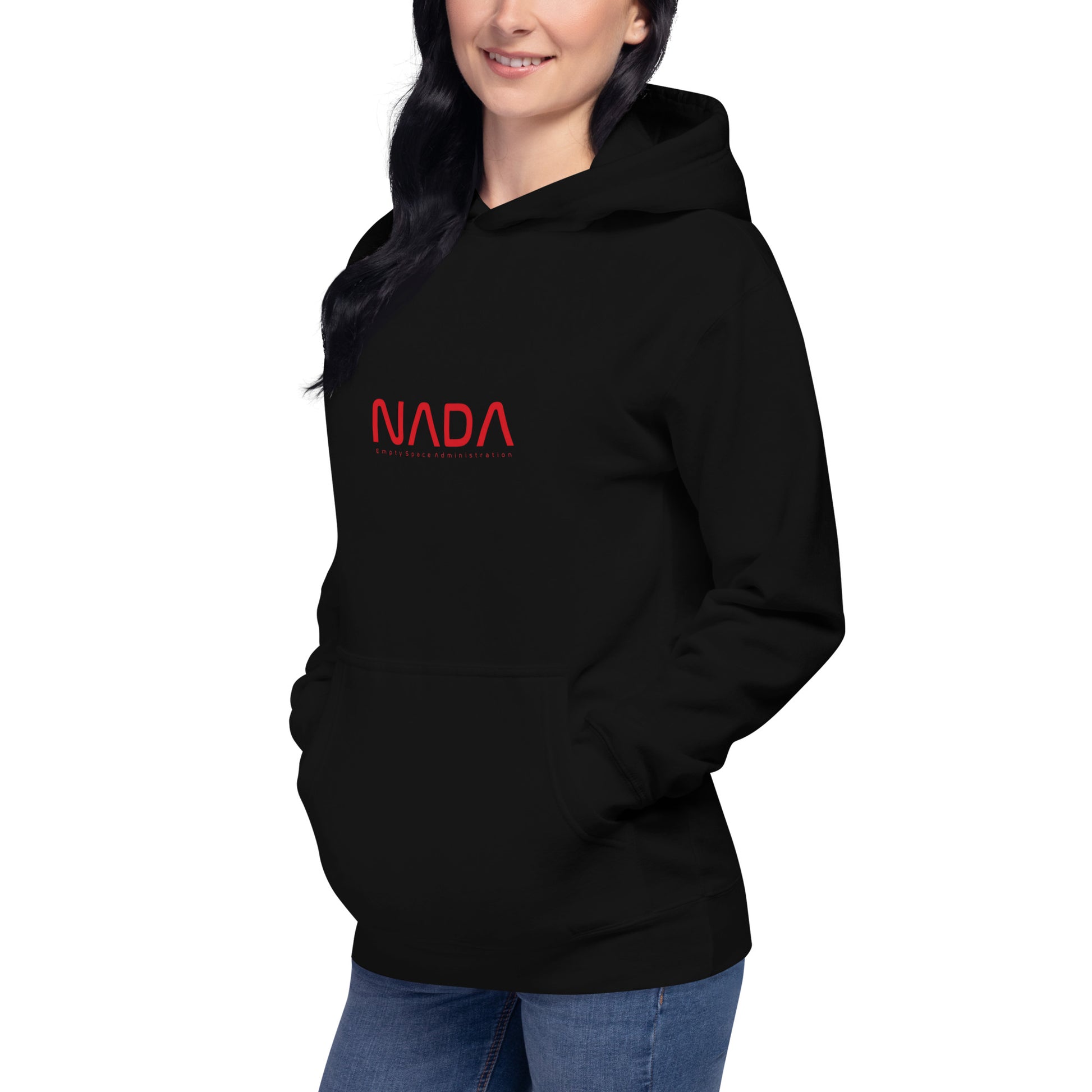 Black NADA unisex hoodie with a front pocket, casual pullover style, from wayward.biz, shown from the left front angle.