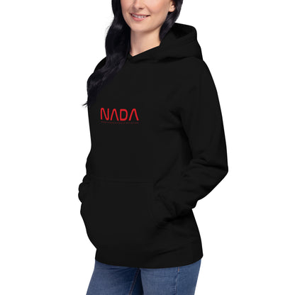 Black NADA unisex hoodie with a front pocket, casual pullover style, from wayward.biz, shown from the left front angle.