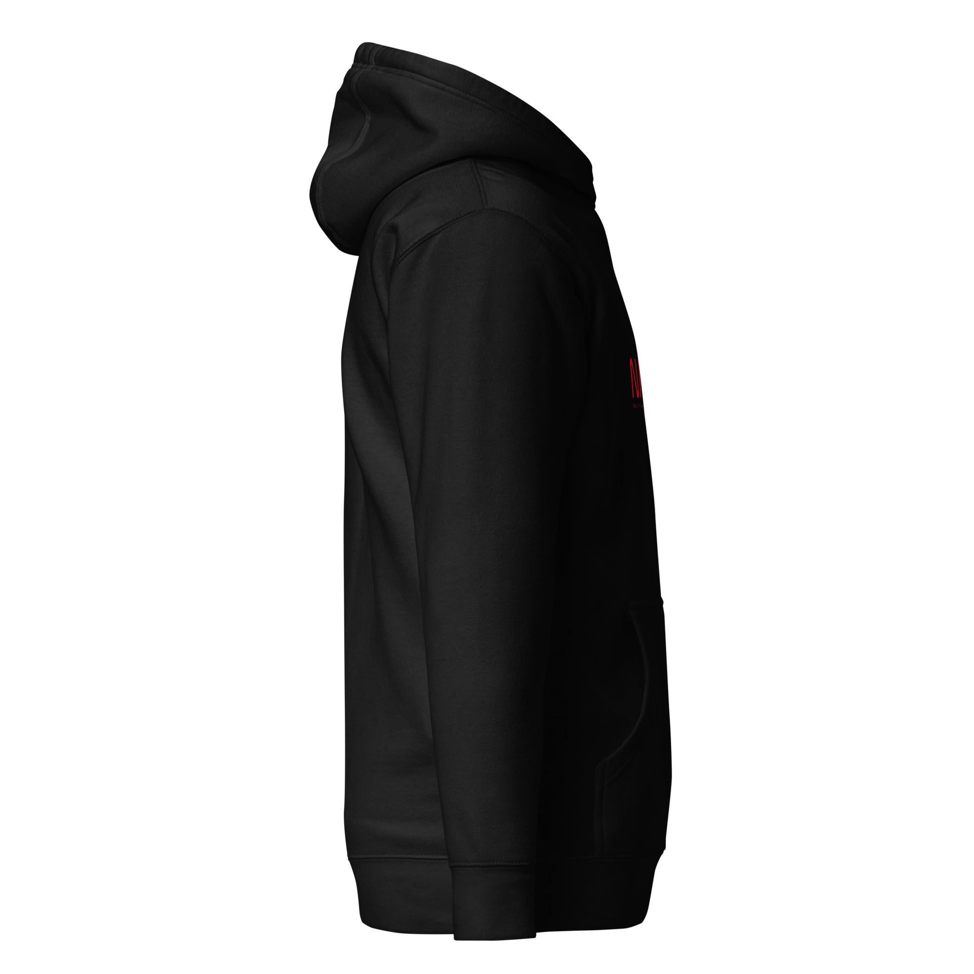 Black NADA unisex hoodie, premium pullover style from wayward.biz, shown from the right side.