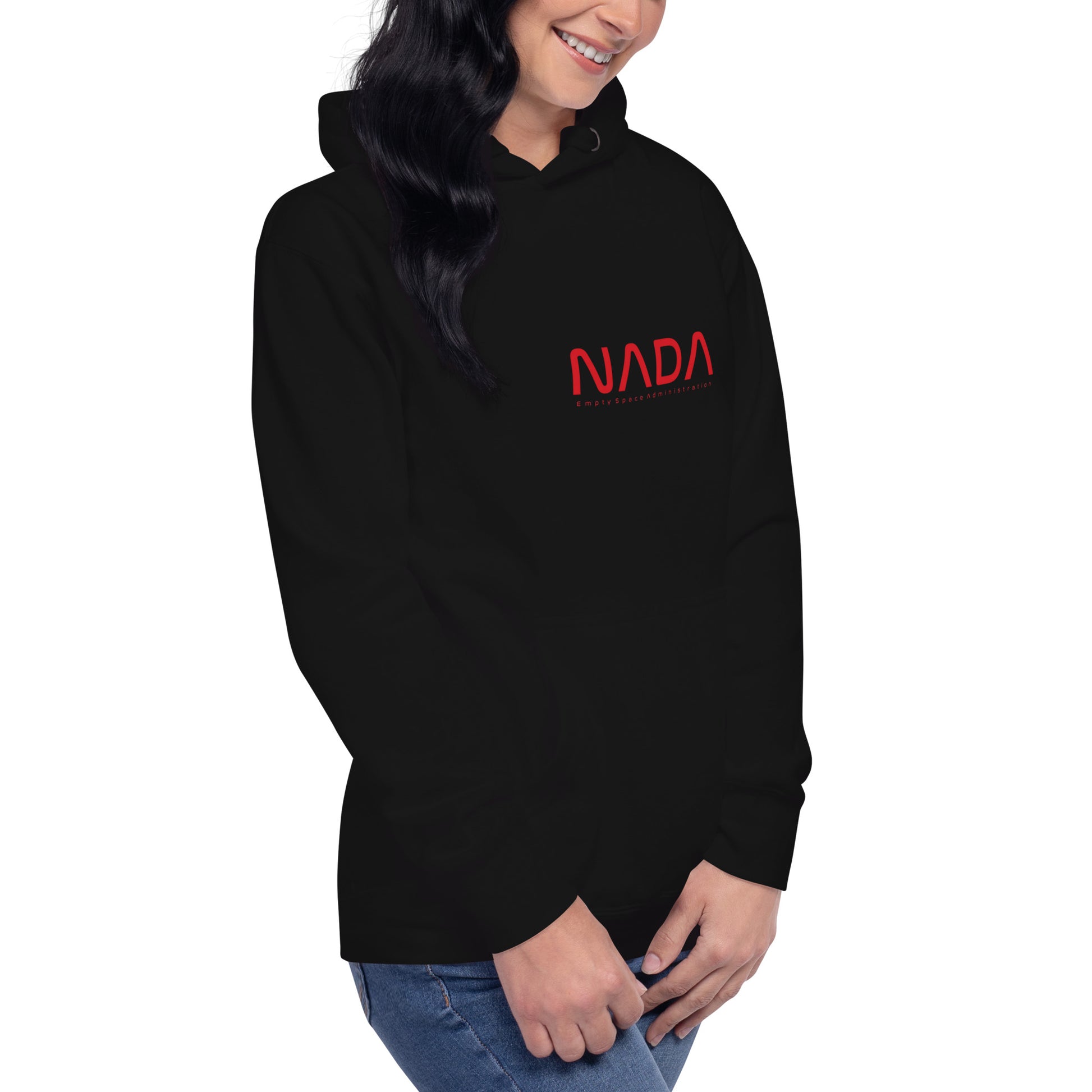 Black NADA unisex hoodie by wayward.biz, front view showing a cozy pullover with a relaxed fit.