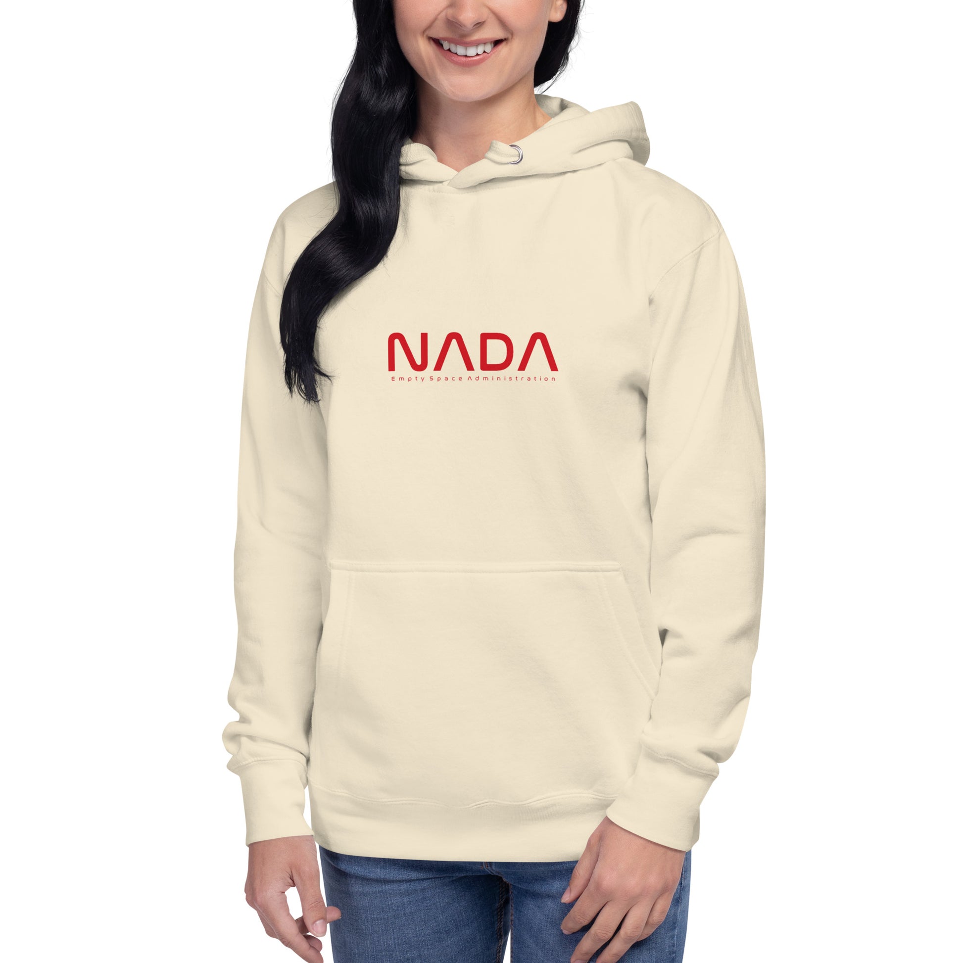Unisex NADA Hoodie by wayward.biz, premium pullover hoodie in bone color with front design, casual streetwear style.