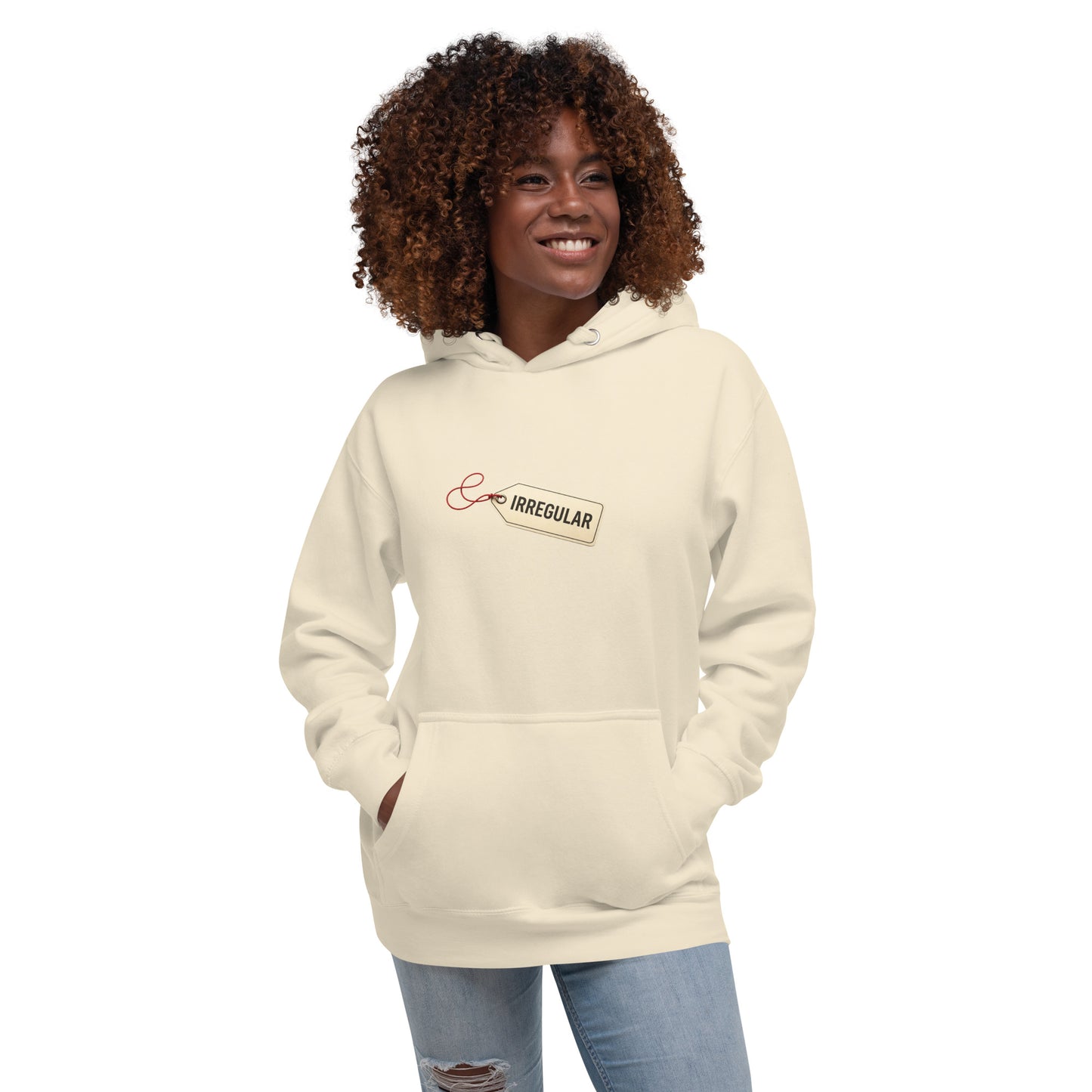 Unisex irregular hoodie by wayward.biz with a bone-colored front, featuring a casual, relaxed fit and modern design.