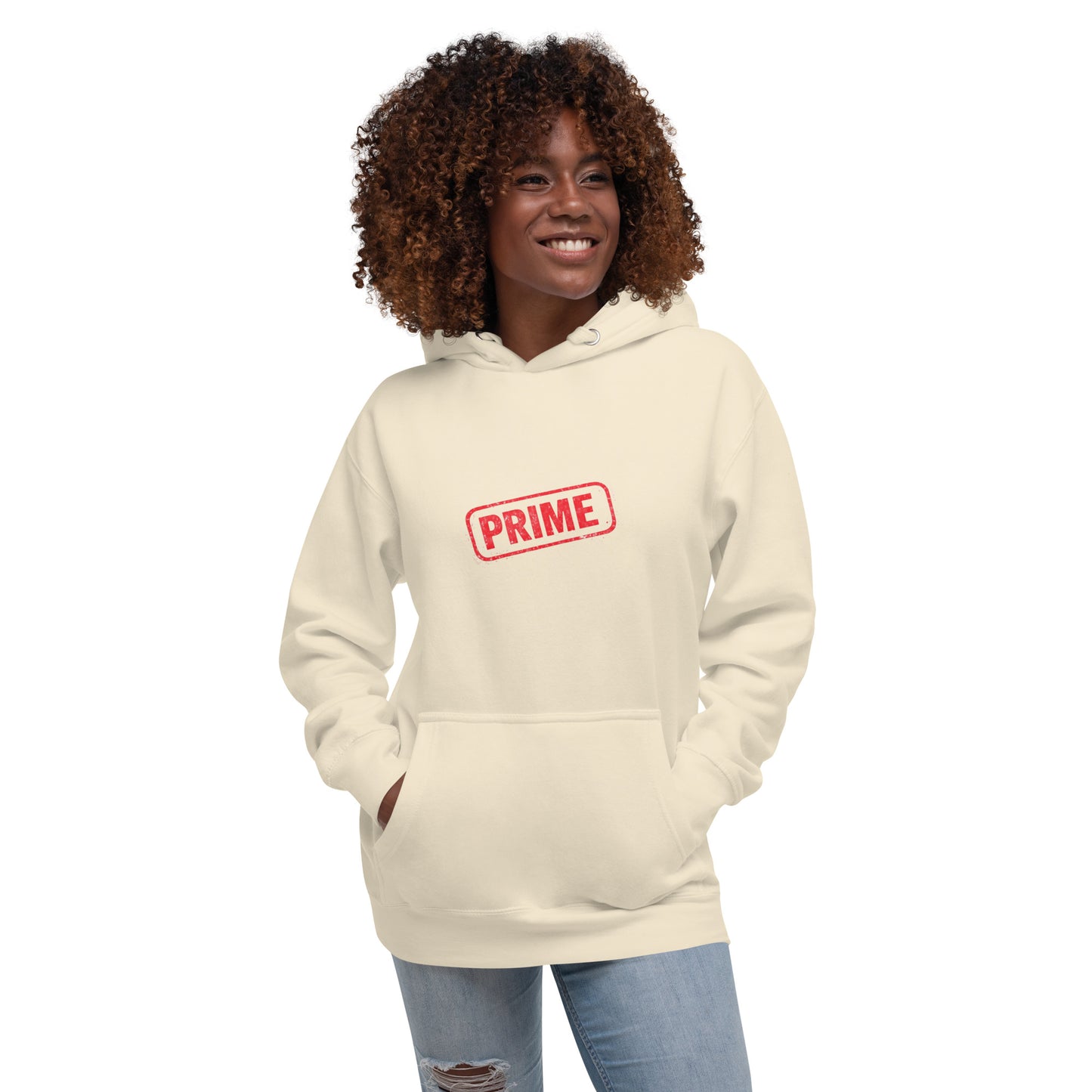 Prime unisex hoodie by wayward.biz featuring a bone-colored pullover design with a front view.