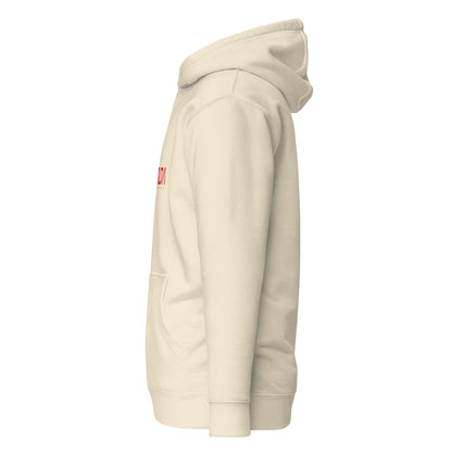 Unisex NADA Hoodie by wayward.biz, premium pullover style in bone color, shown from the left side.