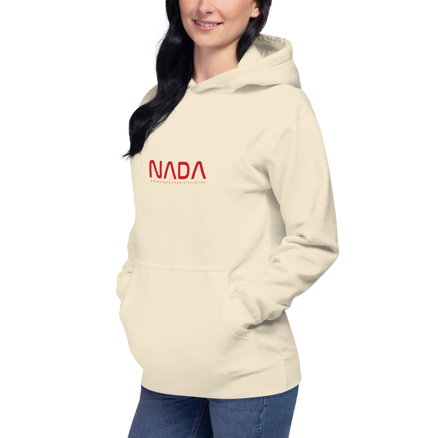 Unisex NADA hoodie by wayward.biz in bone color, featuring a premium pullover design with a front left pocket.
