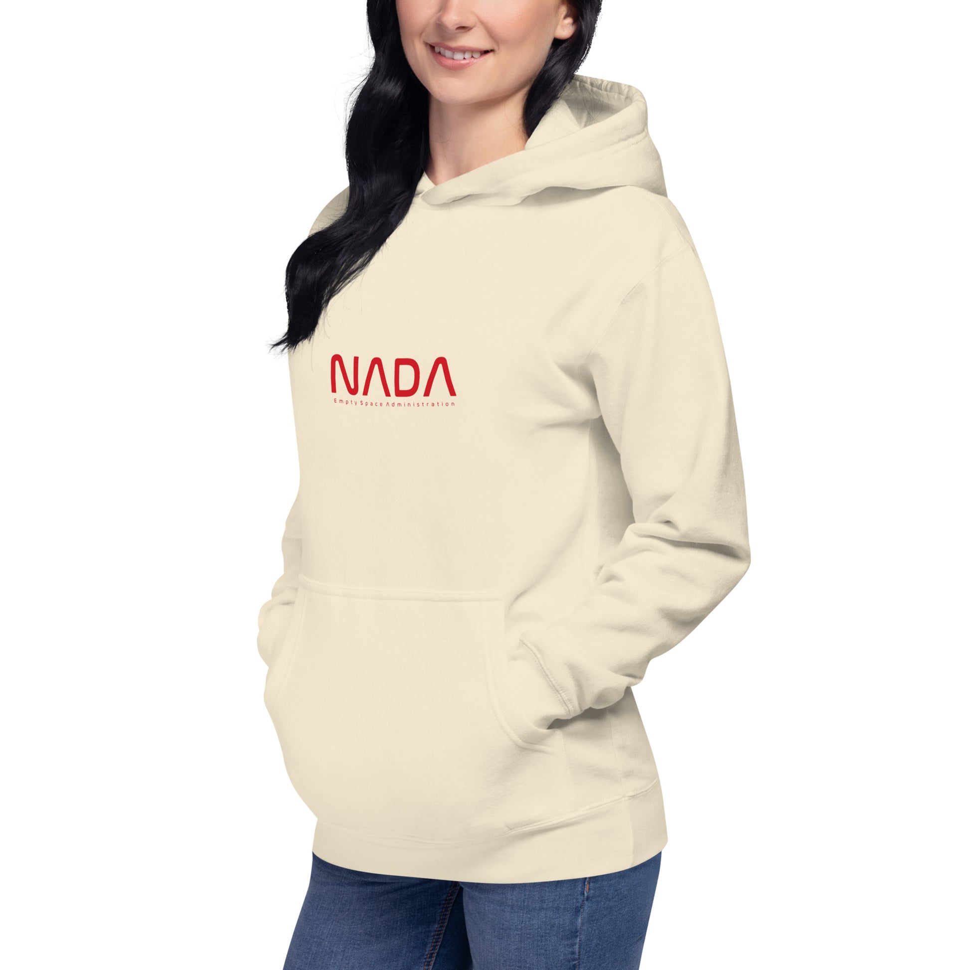 Unisex NADA hoodie by wayward.biz in bone color, featuring a premium pullover design with a front left pocket.