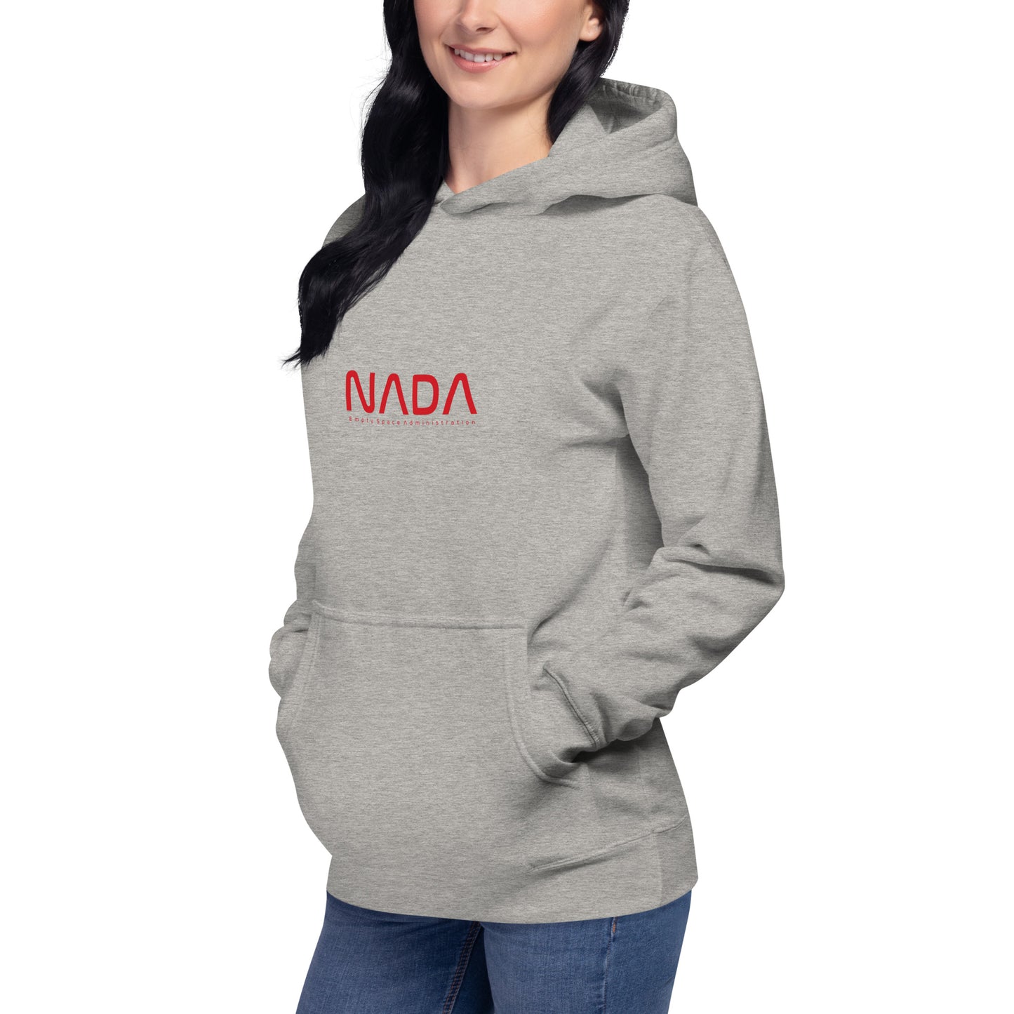 Unisex NADA hoodie by wayward.biz in premium carbon grey pullover style, shown from left front view.