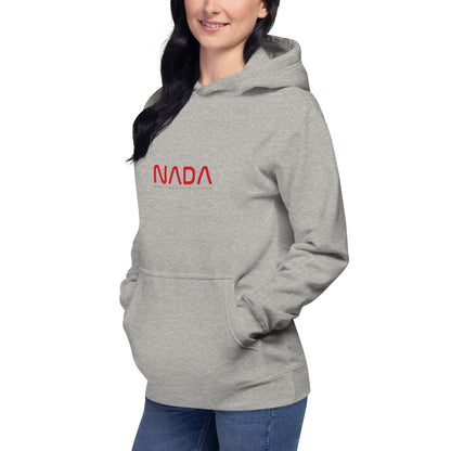 Unisex NADA hoodie by wayward.biz in premium carbon grey pullover style, shown from left front view.