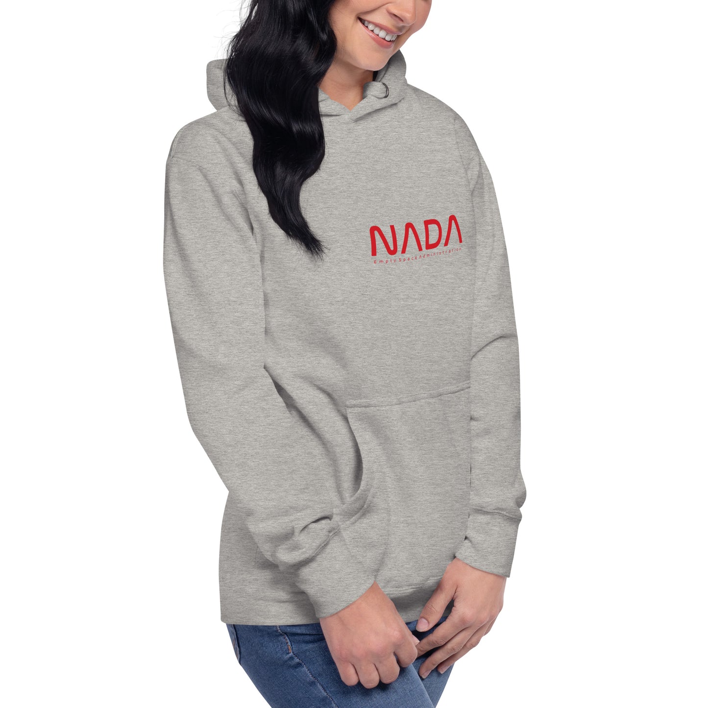 Unisex NADA hoodie by wayward.biz in carbon grey, showing the right front view of the premium pullover hoodie.