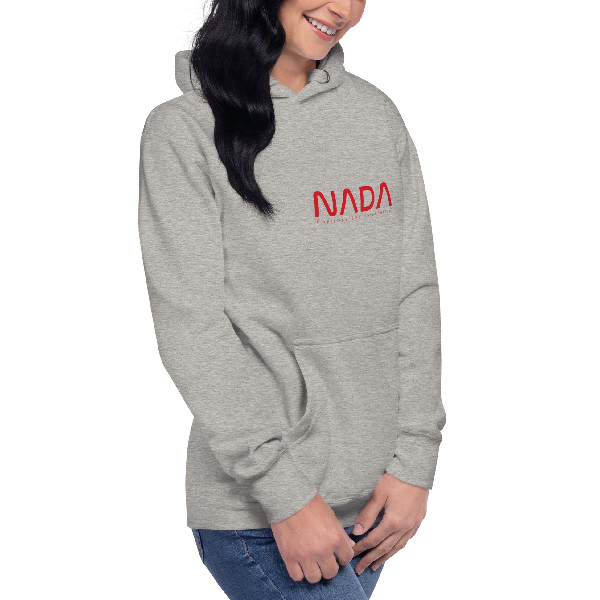 Unisex NADA hoodie by wayward.biz in carbon grey, showing the right front view of the premium pullover hoodie.