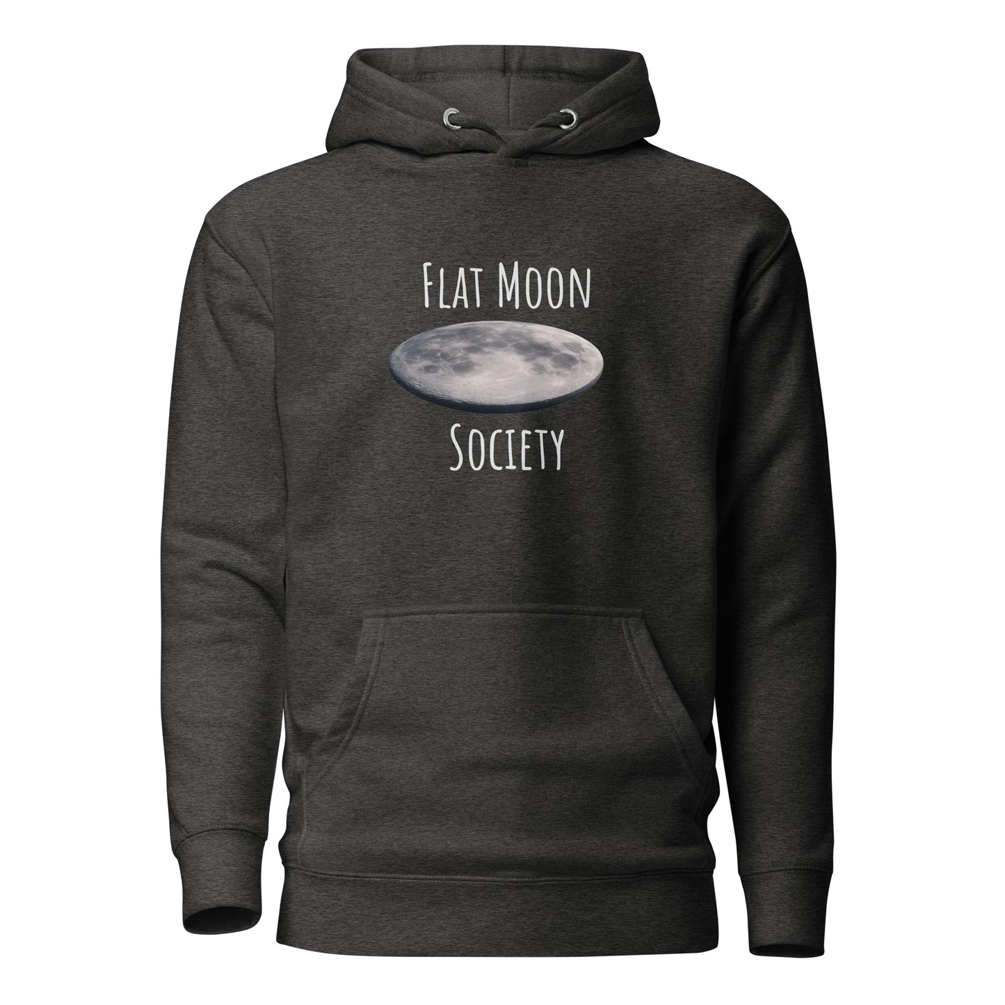 Unisex Flat Moon Society hoodie in charcoal heather with front design, made by wayward.biz, casual pullover style and comfortable fit.