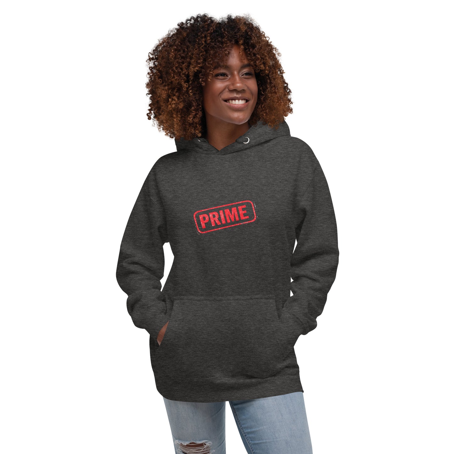 Unisex PRIME Hoodie by wayward.biz in charcoal heather, front view showing comfortable pullover style and soft fabric.