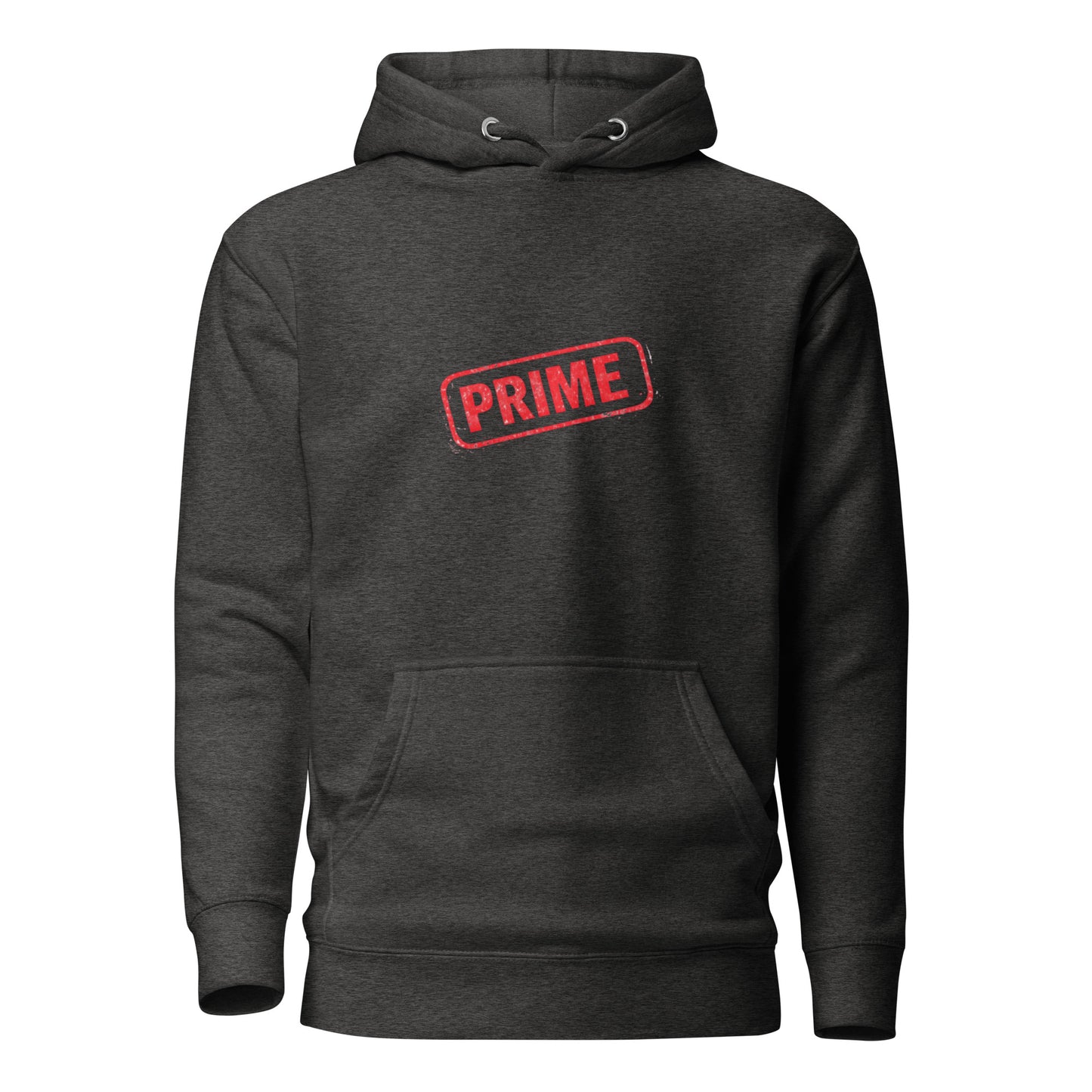 Prime unisex hoodie in charcoal heather with front design, made by wayward.biz, showcasing a comfortable pullover style.