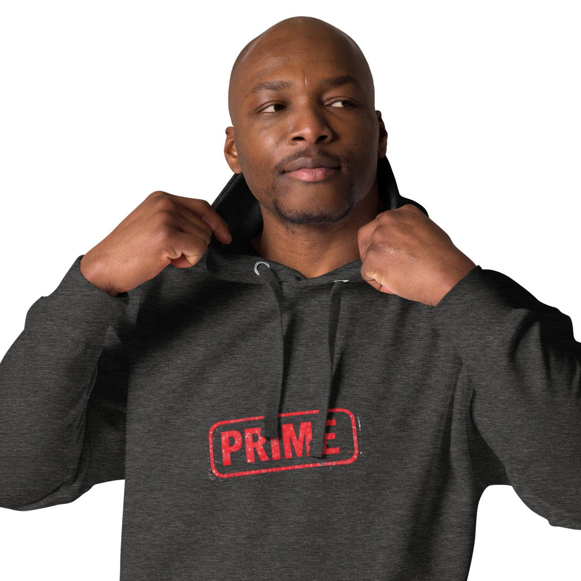 Unisex PRIME hoodie by wayward.biz in charcoal heather, front view showing a cozy pullover hoodie with a relaxed fit.