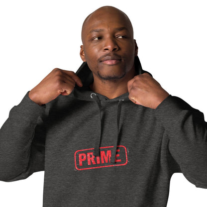 Unisex PRIME hoodie by wayward.biz in charcoal heather, front view showing a cozy pullover hoodie with a relaxed fit.