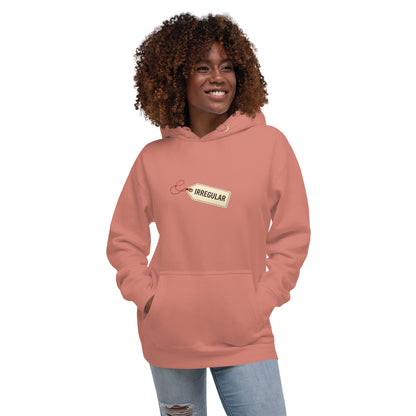 Unisex dusty rose hoodie by wayward.biz with an irregular design, front view, soft fabric, and casual style.